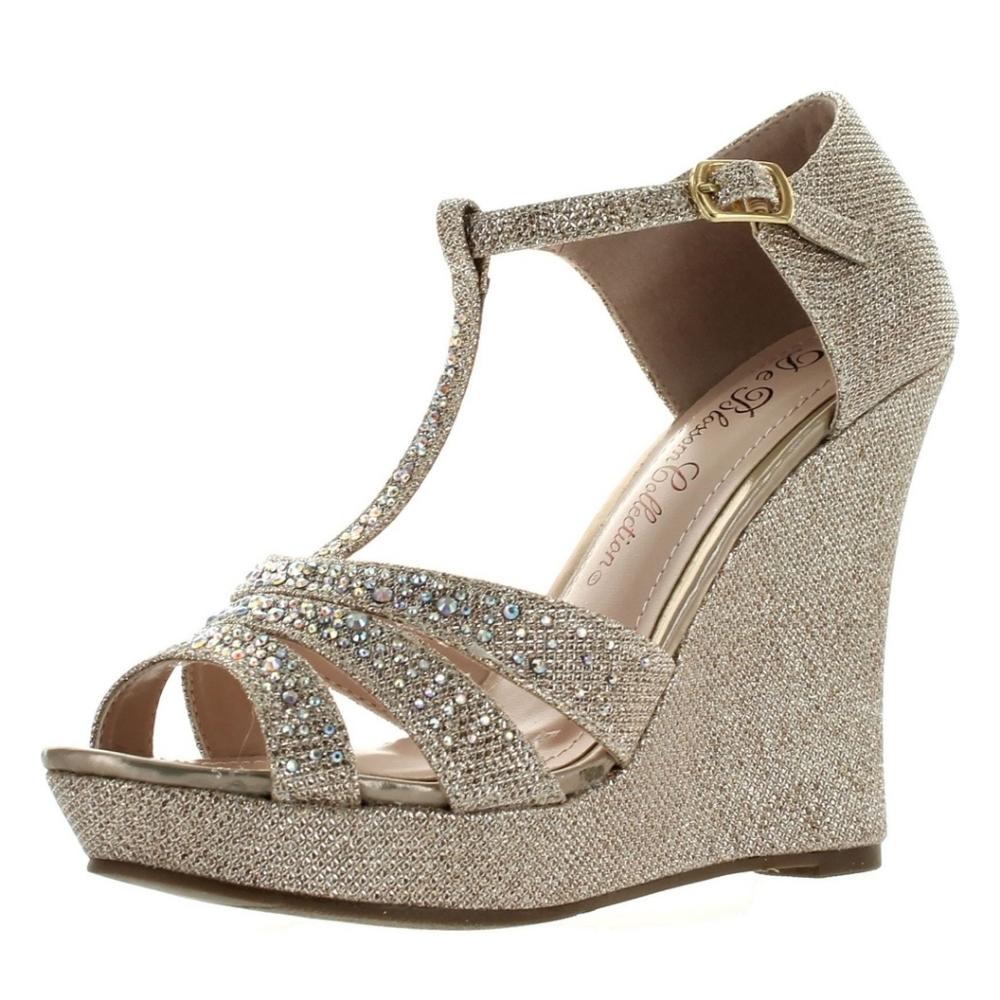 De Blossom Womens Dressy Glitter Rhinestone T Strap Platform Wedge Sandal 8.5